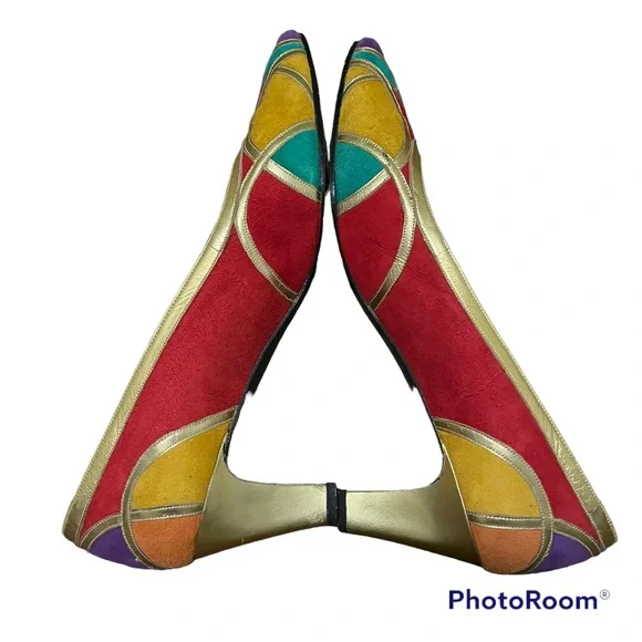Vintage Margaret Jerrold suede multi-colored patchwork pumps - Picture 3 of 11